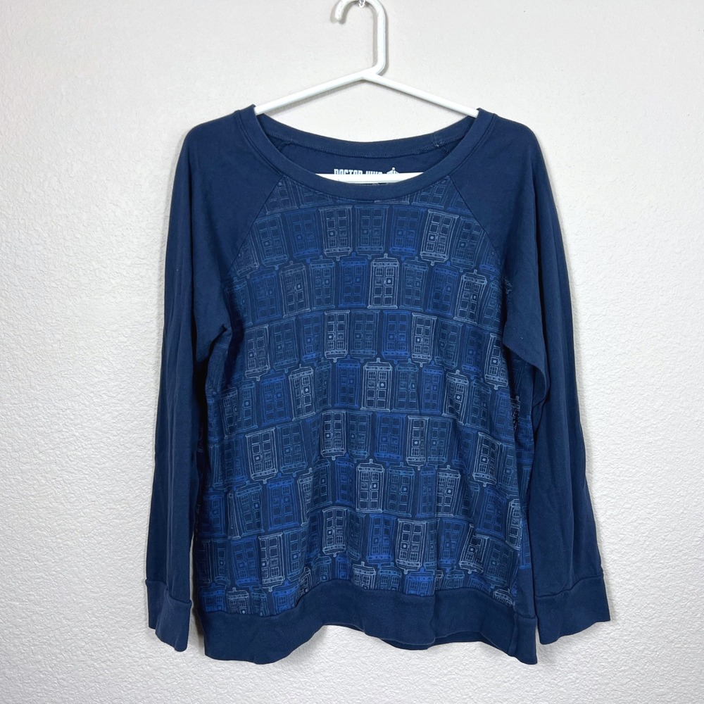 Her Universe Doctor Who Women XL Blue TARDIS Print Raglan Sweatshirt Long Sleeve